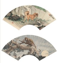 刘奎龄 灵犬 封侯荫子（两幅） 扇面镜心